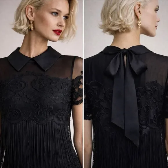 Maeve Anthropologie Black Lace Fringe Shift Dress S Removable Collar Bow  Back